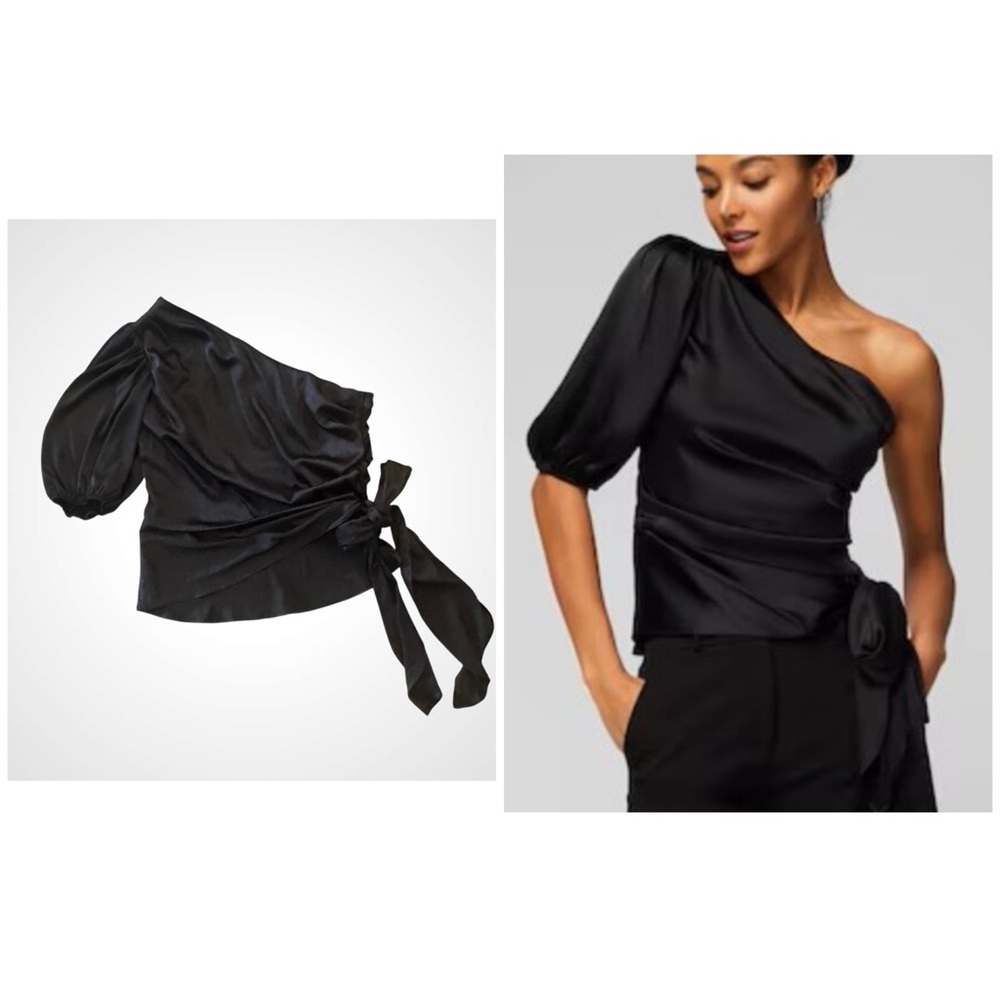 NEW White House Black Market Black Satin One-Shoulder Blouse, Size 14
